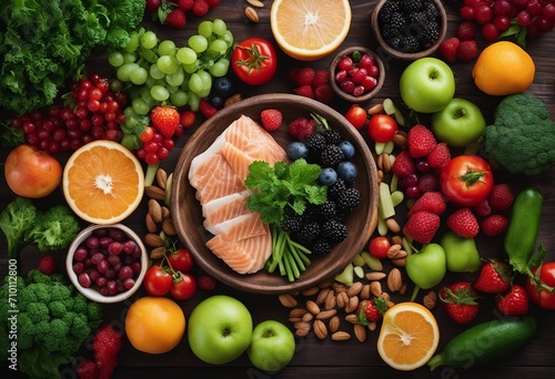 Healthy food for heart Fresh fish fruits vegetables berries and nuts Healthy food diet and healthy habits