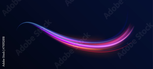 Abstract rotational border lines. Power energy. LED glare tape. Futuristic dynamic motion technology. Neon color glowing lines background, high-speed light trails effect. Purple glowing wave swirl.	 photo