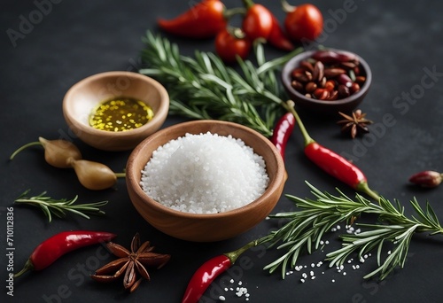 Herbs and spices in kitchen Rosemary, chili pepper, garlic, olive oil, salt and pepper on dark table