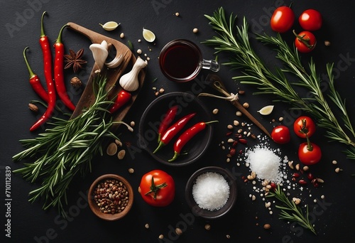 Herbs and spices Rosemary chili pepper garlic olive oil salt and pepper on dark table top view Spicy meal ingredients