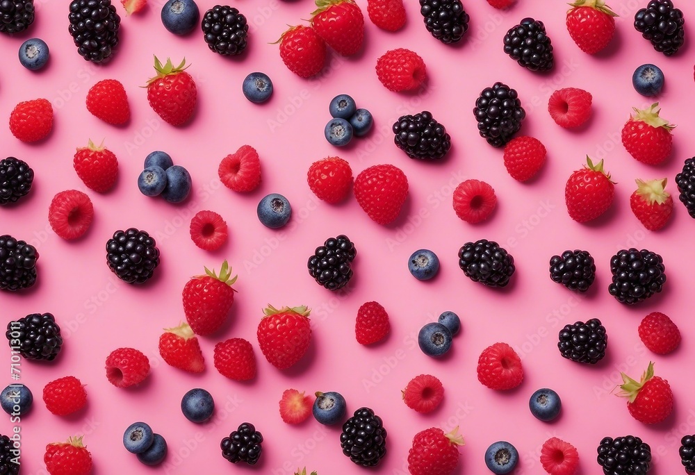 The pattern of berries on pink background Flat lay mix summer berries background Raspberry Blackberry Blueberry Strawberries The pattern of berries on pink background Flat lay mix summer berries background Raspberry Blackberry Blueberry Strawberries