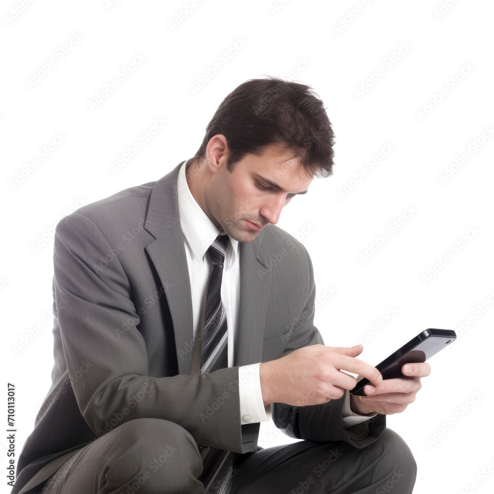 a businessman in a suit reading messages on the phone on isolated transparent background a businessman in a suit reading messages on the phone on isolated transparent background