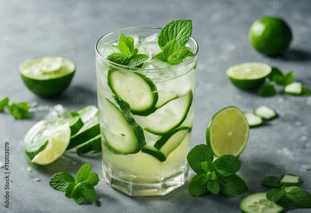 Fototapeta premium A glass of water with cucumber, mint and lime on grey background Fresh summer drink