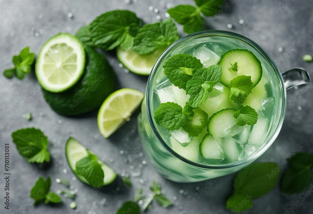 Water with ice, cucumber, mint, and lime on grey background Refreshing summer drink Water with ice, cucumber, mint, and lime on grey background Refreshing summer drink