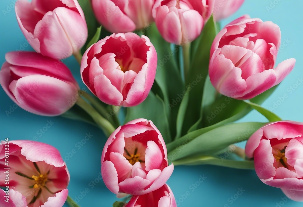 Flowers for Valentines Mothers or Women's Day Pink spring tulips flowers closeup on blue background Flowers for Valentines Mothers or Women's Day Pink spring tulips flowers closeup on blue background