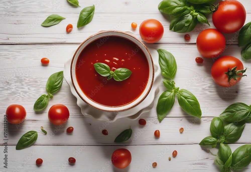 Tomato ketchup sauce in a bowl with basil and tomatoes on white wooden table Top view Tomato ketchup sauce in a bowl with basil and tomatoes on white wooden table Top view