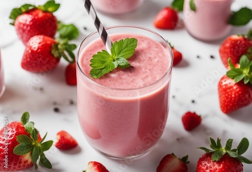 Strawberry smoothie in glass on white background Summer drink cocktail Healthy eating