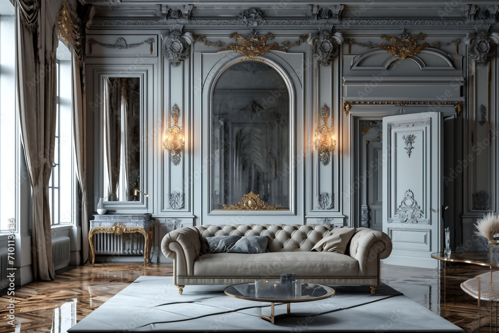 elegant grey classical living room with ornate moldings, a tufted sofa, and large mirrors reflecting the luxurious space next to old style lanterns.
