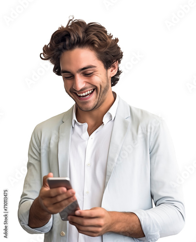 a curly young man reading messages or comments on the phone  on isolated transparent background