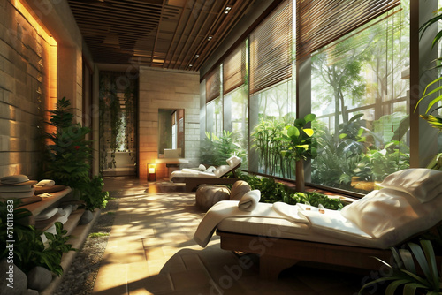 serene and tranquil spa lounge with abundant natural lighting, featuring comfortable loungers and a lush view of greenery through large windows.