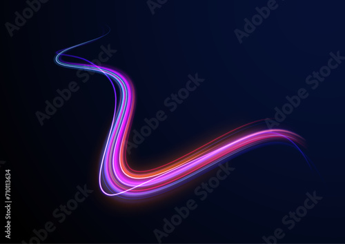 Racing cars dynamic flash effects city road with long exposure night ligh. Curved light trail stretched upward. Fast speed car. Futuristic neon light line trails.	