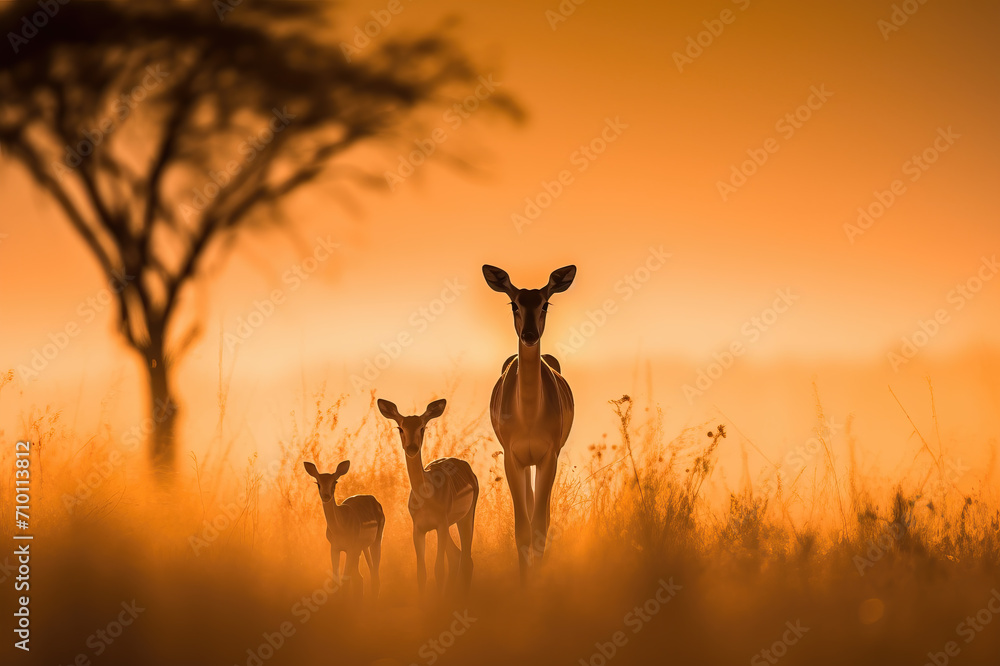 Family of impalas walking through the savana at sunset. Amazing African wildlife