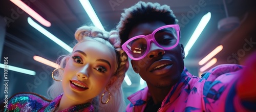 Fashionable multicultural pair in casual attire and futuristic neon glasses, dancing and having fun at home in a loft. Creating amusing viral videos for social platforms.