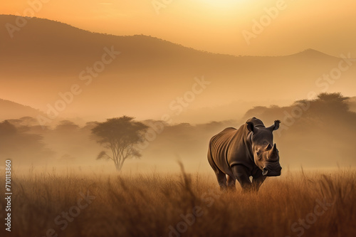 Powerful Rhinoceros walking through the savana at sunset. Amazing African wildlife