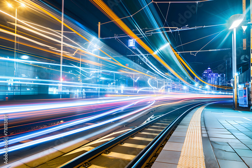 Lichtspuren der Mobilität: Ein langzeitbelichteter Blick auf einen Bahnhof, mit faszinierenden Lichtstreifen von vorbeifahrenden Zügen, eine dynamische Nachtansicht der modernen urbanen Mobilität © Seegraphie