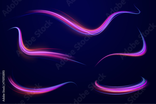 Big data traffic visualization, dynamic high speed data streaming traffic. Neon color glowing lines background, high-speed light trails effect. Purple glowing wave swirl, impulse cable lines. 