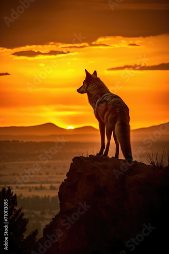 Silhouette of a wolf standing on a hillside at sunset. Amazing Wildlife. © Shootdiem