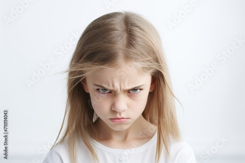 Portrait of angry child girl on white background