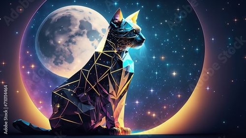 Portrait illustration with a cosmic beauty colorful geometric cat with stars and moon in the background. Wallpaper 4K