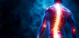 3d Rendered illustration of a painful back.  Medical Back Pain Unveiled: X-Ray Imaging Reveals Spinal Cord Issues and Injury for Precise Diagnosis and Treatment.
