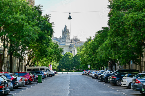 Photography Budapest - view of the town square, street scene in summer with parked cars and