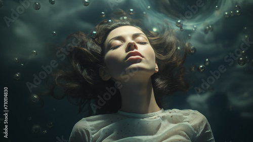 Frau mit geschlossenen Augen schwerelos in traumartiger Szene mit mysteriösen Blasen. Beleuchtung von Oben. Ruhige stille Atmosphäre. Surreale Illustration photo