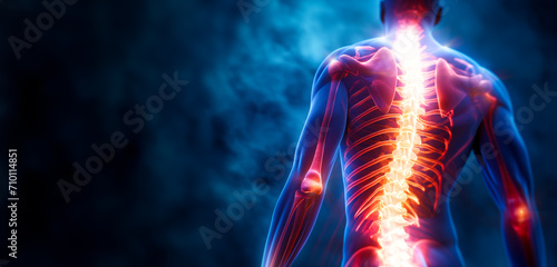3d Rendered illustration of a painful back.  Medical Back Pain Unveiled: X-Ray Imaging Reveals Spinal Cord Issues and Injury for Precise Diagnosis and Treatment. photo