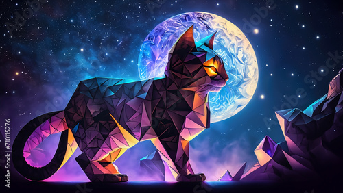 Portrait illustration with a cosmic beauty colorful geometric cat with stars and moon in the background. 4K