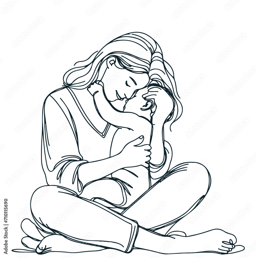 Mother hugging baby stylized vector. Woman with a newborn in her arms isolated. A young mom and baby on white background. Minimal black sketch in the lines. Happy mother's day. Vector illustration Mother hugging baby stylized vector. Woman with a newborn in her arms isolated. A young mom and baby on white background. Minimal black sketch in the lines. Happy mother's day. Vector illustration