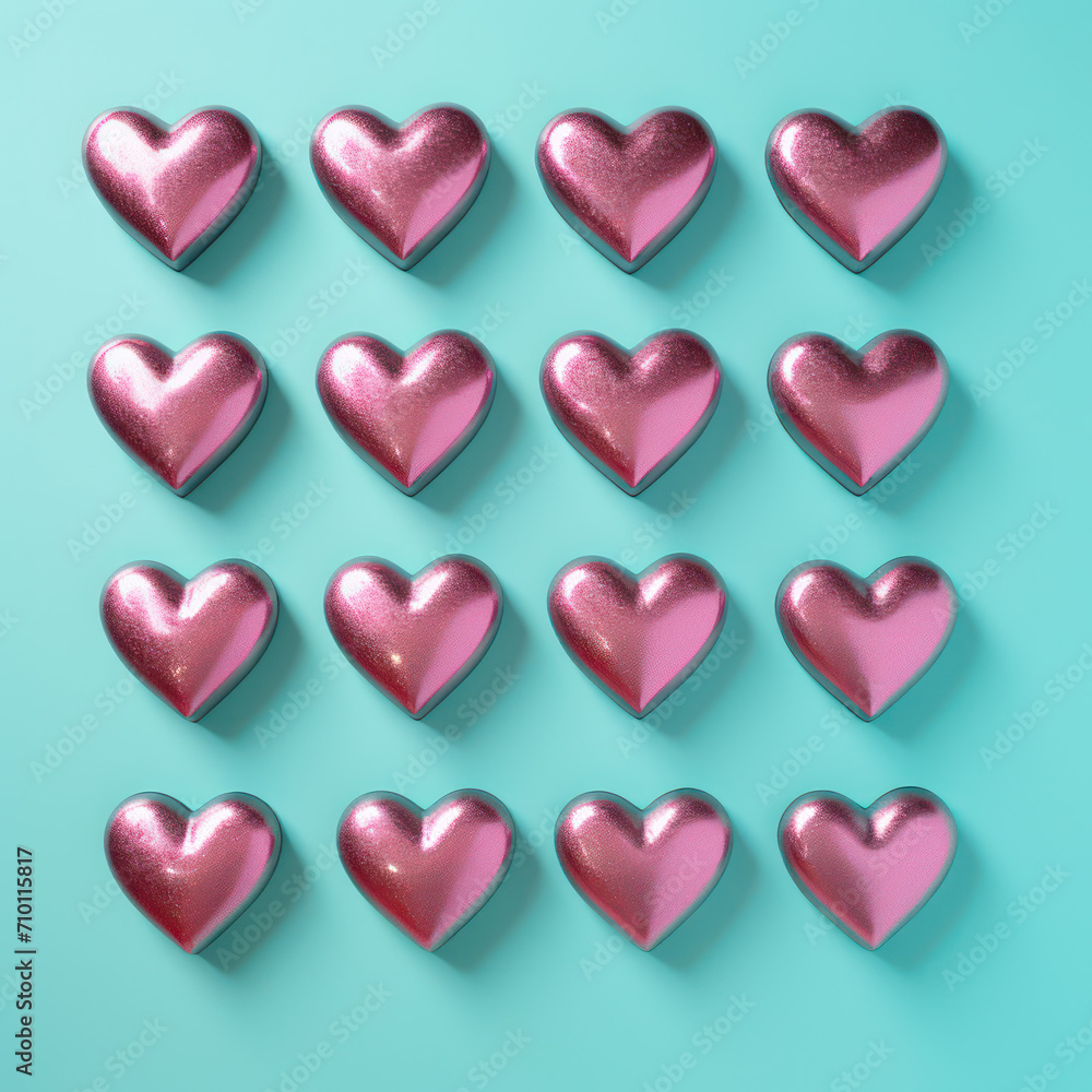 metal pink hearts on turquoise background