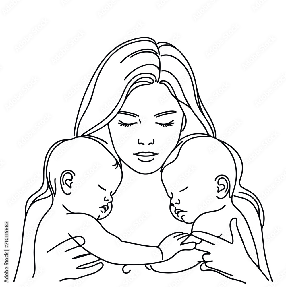 Mother holds two children in her arms in a minimalist style. Design for pictures, family planning center, mother and child clinic logo, tattoo, medicine, care, poster, banner, postcard. Isolated vecor Mother holds two children in her arms in a minimalist style. Design for pictures, family planning center, mother and child clinic logo, tattoo, medicine, care, poster, banner, postcard. Isolated vecor