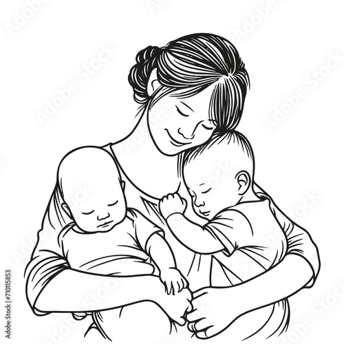 Mother holds two children in her arms in a minimalist style. Design for pictures, family planning center, mother and child clinic logo, tattoo, medicine, care, poster, banner, postcard. Isolated vecor