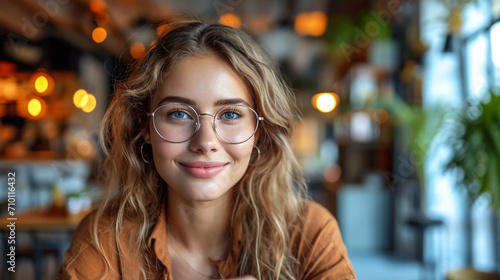 Elegant european girl with beautiful brown eyes touching chin with fingers and gently smilling. Close-up portrait of trendy young woman in glasses and knitted sweater posing in yellow room. © Mujahid