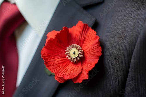 Poppy flower in the buttonhole of a man's jacket, a remembrance poppy in memory of fallen soldiers in the war photo
