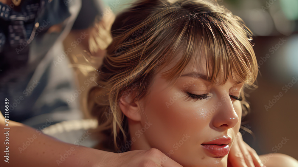 Fototapeta premium blonde woman gets head massage in the spa