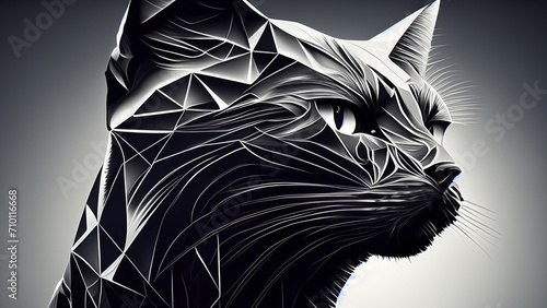 Portrait illustration with a cosmic beauty shades of gray geometric cat. Wallpaper 4K
