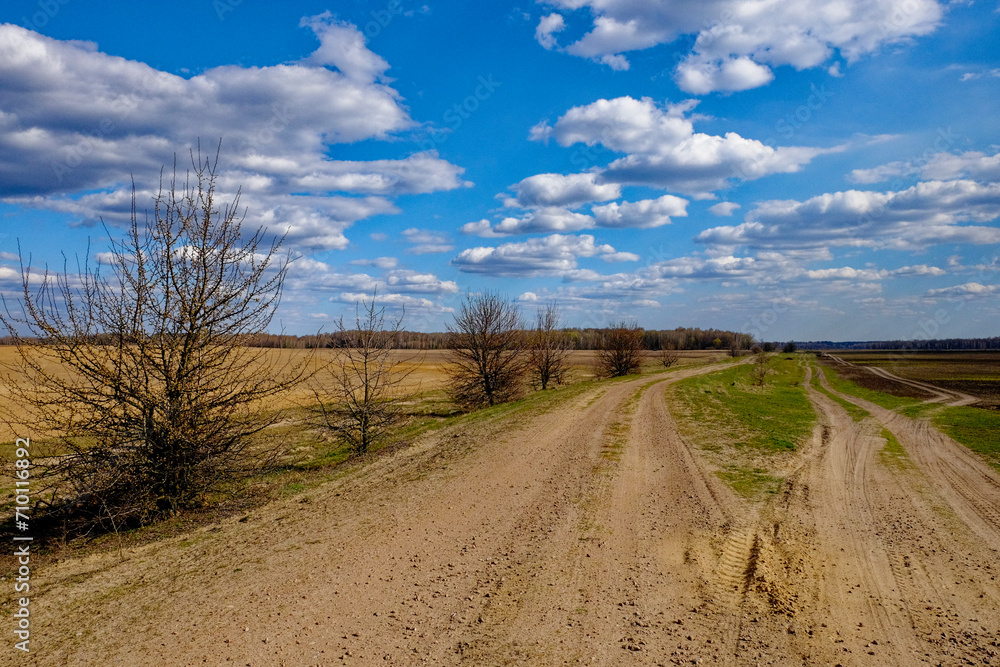 A clear sky with fluffy clouds overlooks a serene rural setting with a dirt path.