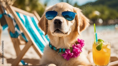 dog on the beach A golden retriever puppy with a comical expression, wearing oversized sunglasses   photo