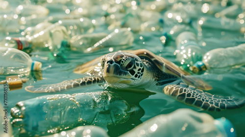 turtle swimming with the floating used plastic bottles in the ocean  photo