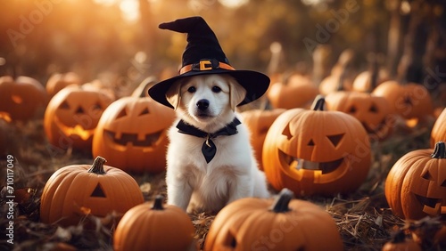 halloween jack o lantern A sweet Halloween puppy wearing a witch hat, gently holding a broomstick in its mouth 