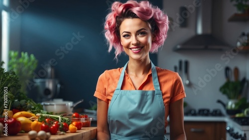 woman with pink hair in apron smiling while cooking in kitchen
