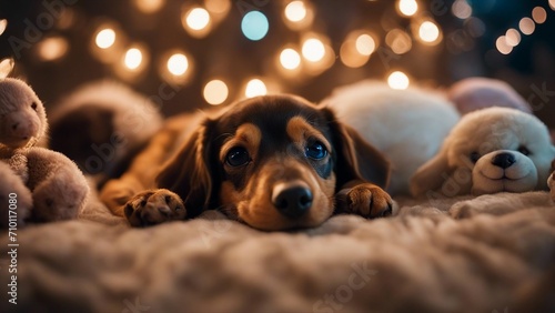 dog in the christmas An adorable image of a tiny puppy  dachshund dozing together,   photo