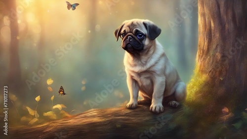 dog in the park Very cute sad looking pug puppy on a tree stump 
