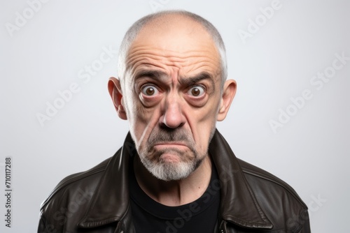 Bald senior man with a surprised expression on a grey background.