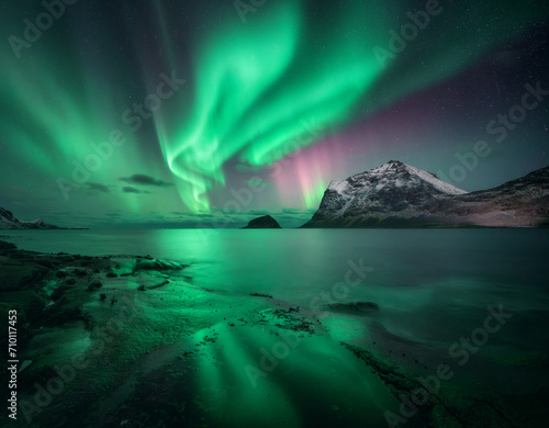 Aurora borealis over the sea, snowy mountains at starry winter night. Northern Lights in Lofoten islands, Norway. Sky with polar lights. Landscape with aurora, rocky beach, sky, reflection in water © den-belitsky