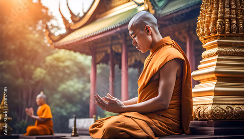 Buddhist monk praying at a religious ceremony in Buddhist style  Buddhist holidays 