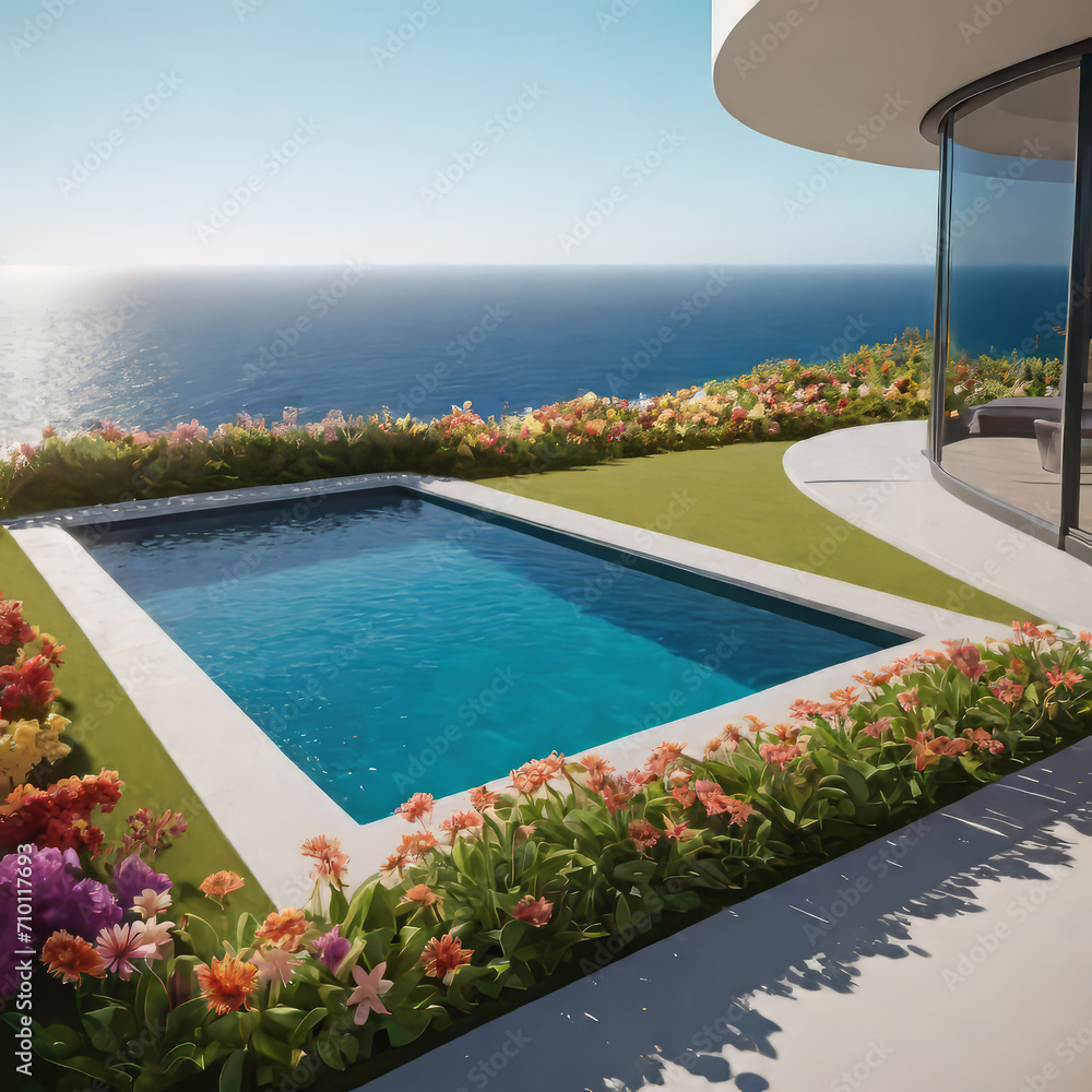 Fototapeta premium Outdoor patio and small pool in a modern residential building in the evening with lighting and ocean view, hyper-realistic concept of sustainable lifestyle, ecology and ocean recreation,