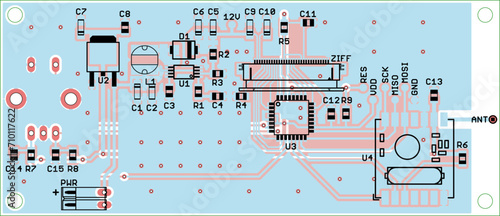 Vector printed circuit board of electronic 
device with components of radio elements, 
conductors, contact pads placed on it. 
Engineering technical drawing. Pcb pattern. 
Electric background. 