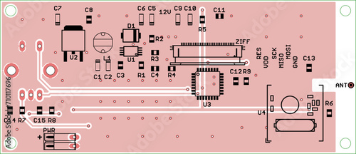 Vector printed circuit board of electronic 
device with components of radio elements, 
conductors, contact pads placed on it. 
Engineering technical drawing. Pcb pattern. 
Electric background. 
