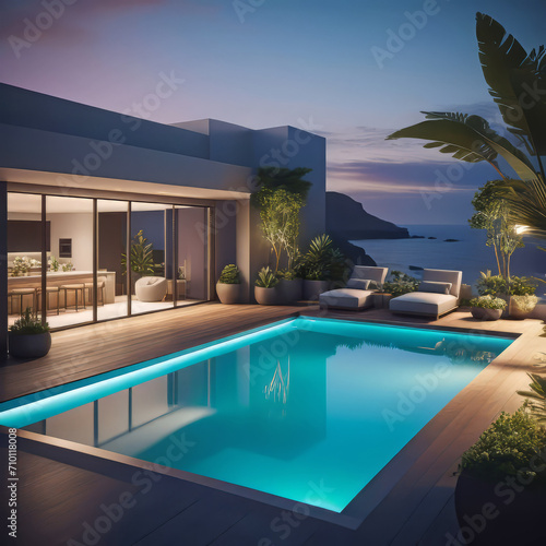 Outdoor patio and small pool in a modern residential building in the evening with lighting and ocean view  hyper-realistic concept of sustainable lifestyle  ecology and ocean recreation 